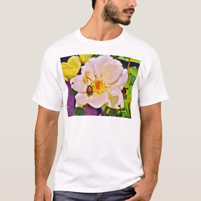 Japanese Beetle on White  Rose T-Shirt (Front)