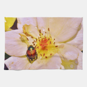 Japanese Beetle on White  Rose Tea Towel