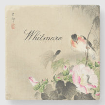 Japanese Bird and Pink Blossoms Vintage Print Ston