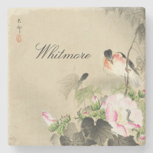 Japanese Bird and Pink Blossoms Vintage Print Ston Stone Coaster