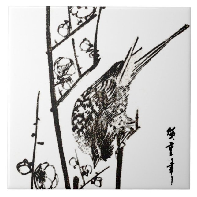 Japanese Bird on a Branch - Black and White Ceramic Tile (Front)