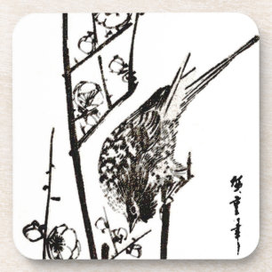 Japanese Bird on a Branch - Black and White Coaster