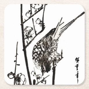 Japanese Bird on a Branch - Black and White Square Paper Coaster