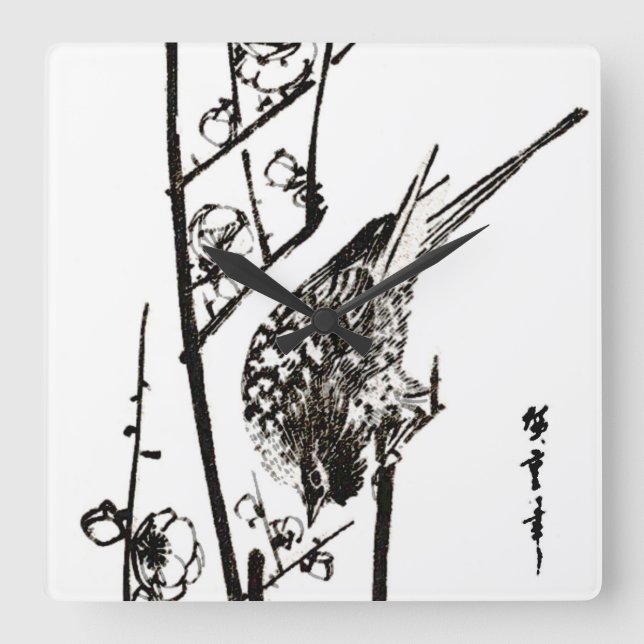 Japanese Bird on a Branch - Black and White Square Wall Clock (Front)