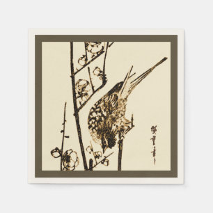 Japanese Bird on a Branch - Brown and Beige Napkin
