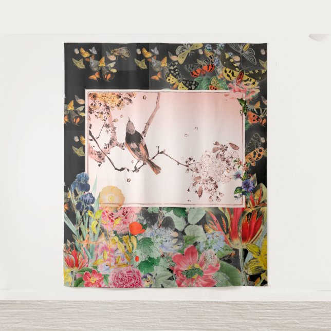 JAPANESE BIRD WITH FLOWERS ON BLACK Tapestry (Front)