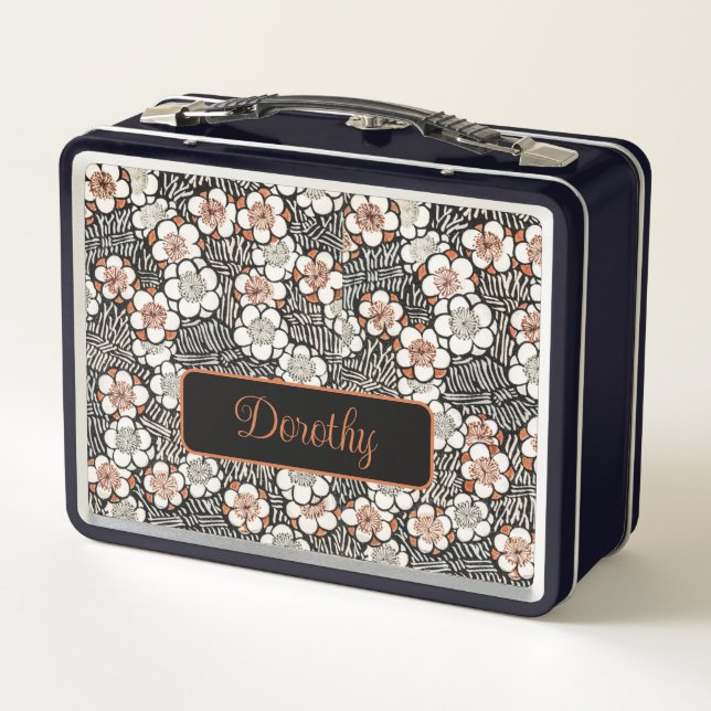 Japanese Black and Red Floral Pattern Personalised Metal Lunch Box (Back)