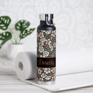 Japanese Black and Red Floral Pattern Personalised Water Bottle