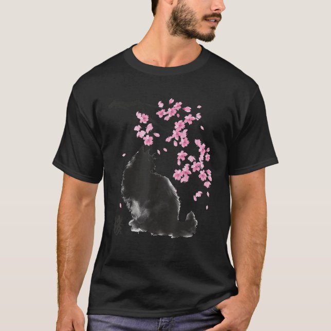 Japanese Black Cat Kanji Meaning Sakura Cherry Blo T-Shirt (Front)