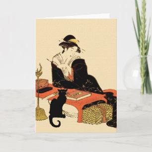 Japanese Black Cat Lady Card