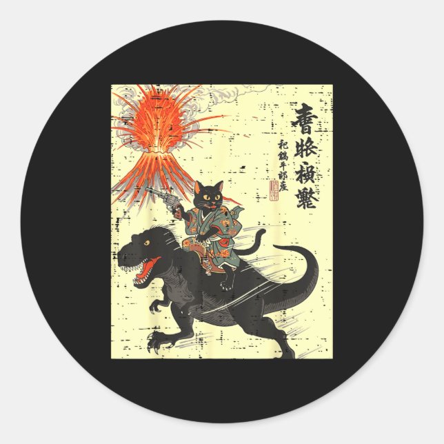 Japanese Black Cat On Trex Funny Ukiyo-e Boys Kids Classic Round Sticker (Front)