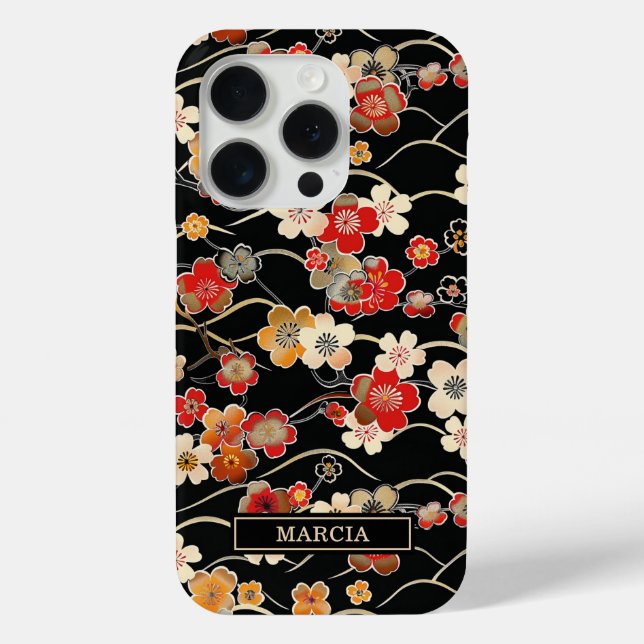 Japanese Black Floral Pattern Monogrammed Case-Mate iPhone Case (Back)