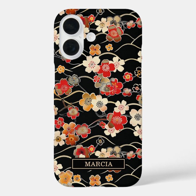 Japanese Black Floral Pattern Monogrammed Case-Mate iPhone Case (Back)