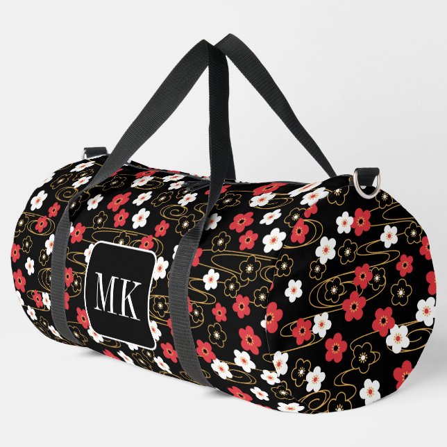 Japanese Black Sakura Blossom Monogram Initials Duffle Bag (Left Corner)