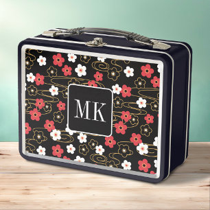 Japanese Black Sakura Blossom Monogram Initials Metal Lunch Box
