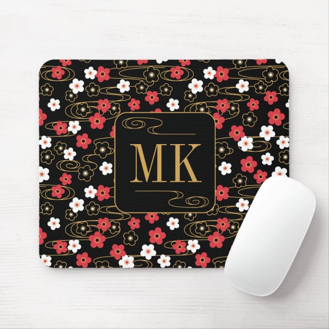 Japanese Black Sakura Blossom Monogram Initials Mouse Pad (With Mouse)
