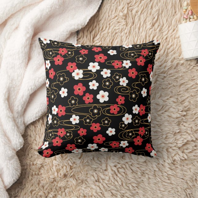 Japanese Black Sakura Cherry Blossom Flowers Cushion (Blanket)