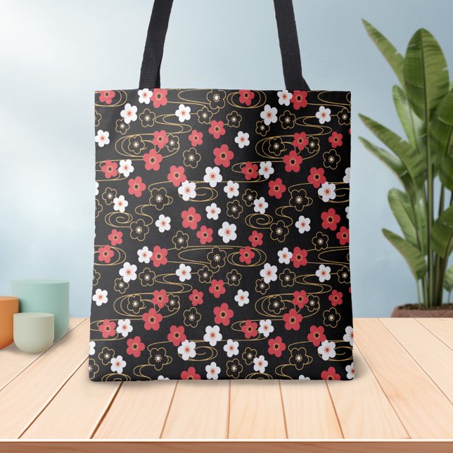 Japanese Black Sakura Cherry Blossom Flowers Tote Bag (Creator Uploaded)