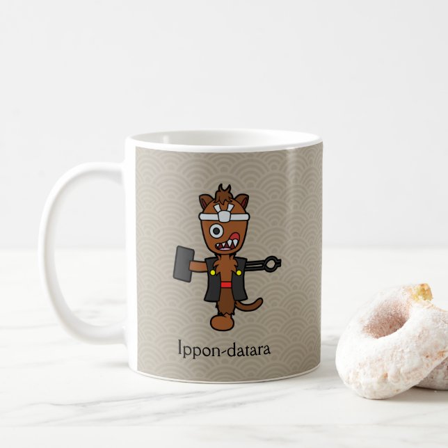 Japanese Blacksmith Ippon-datara: Cartoon Yokai Coffee Mug (With Donut)