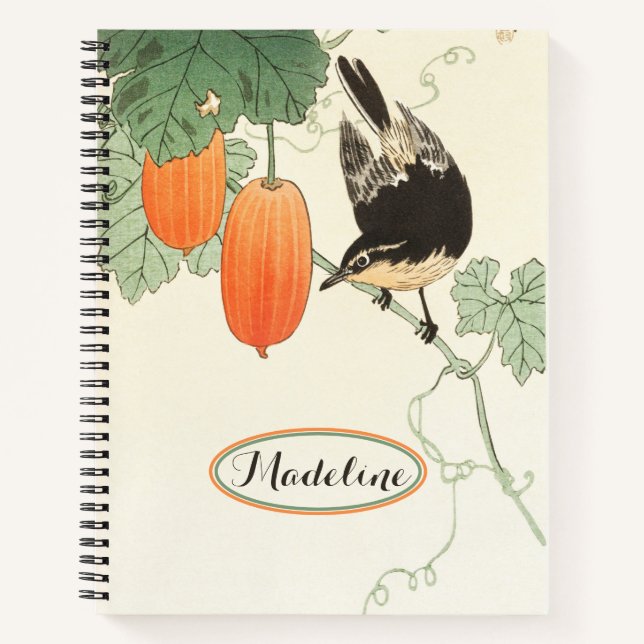 Japanese Block Print Bird and Orange Fruit Notebook (Front)