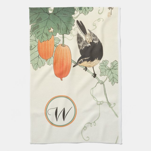 Japanese Block Print Bird Orange Fruit Monogram  Tea Towel (Vertical)