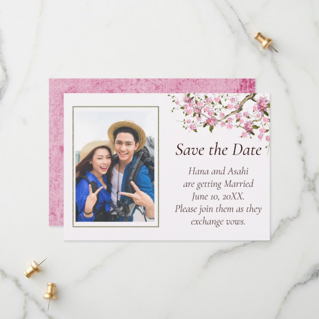 Japanese Blossom Wedding Save The Date Card (Front/Back In Situ)