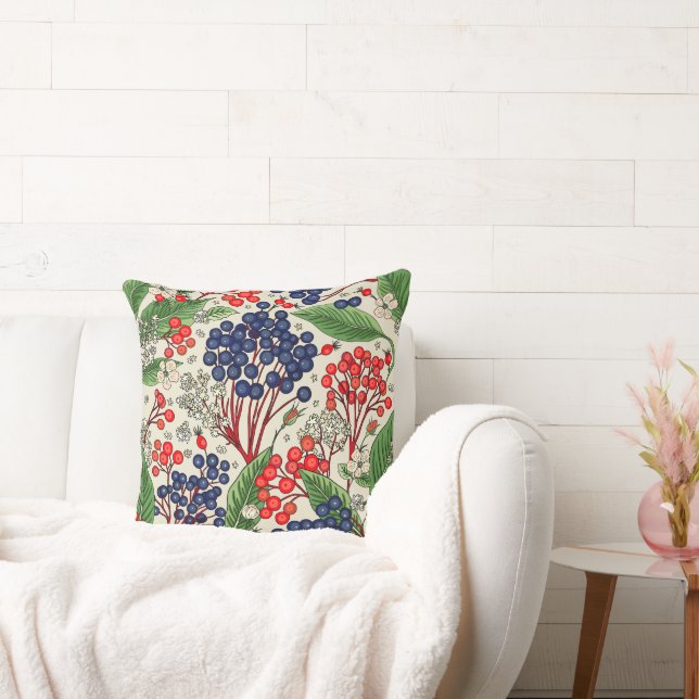 Japanese Blue and Red Berries Double Sided Cushion (Couch)