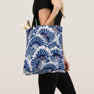 Japanese Blue and White Lotus Flower Pattern Tote Bag