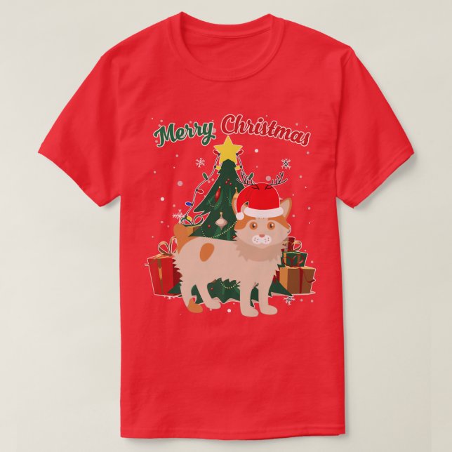 Japanese Bobtail Cat Christmas Tree Snow Flakes Xm T-Shirt (Design Front)