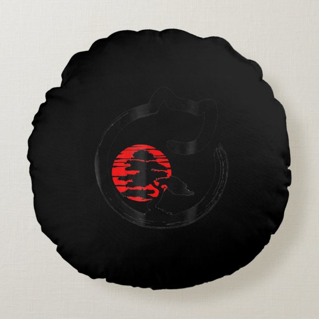 Japanese Bonsai Tree Enso Circle Cat Lover Bonsai Round Cushion (Front)