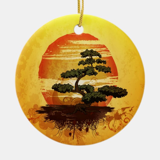Japanese Bonsai Tree Sunset Ceramic Tree Decoration (Front)