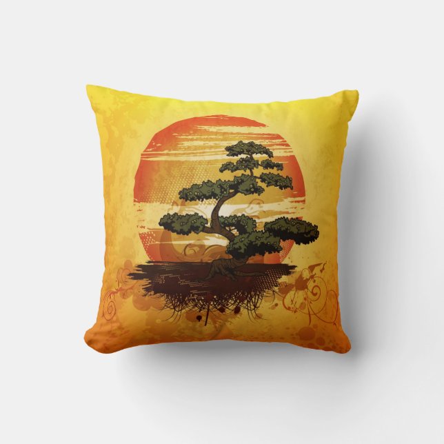 Japanese Bonsai Tree Sunset Cushion (Front)