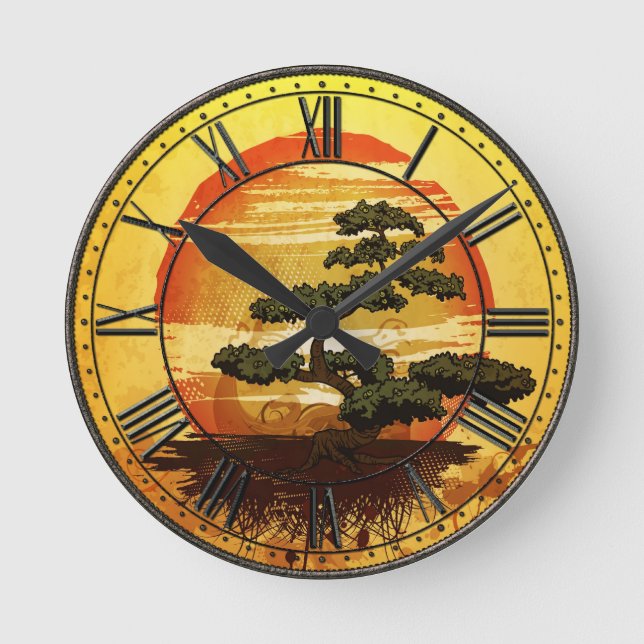 Japanese Bonsai Tree Sunset Round Clock (Front)