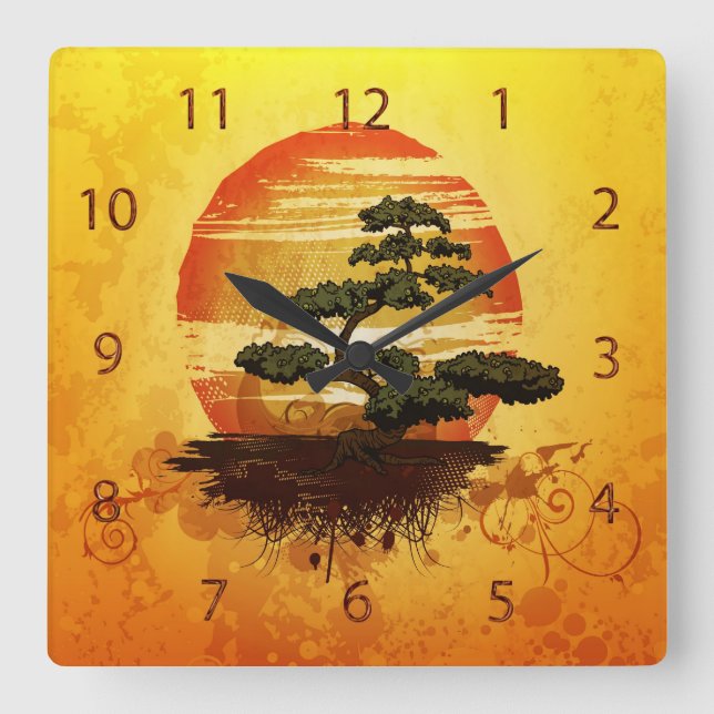 Japanese Bonsai Tree Sunset Square Wall Clock (Front)