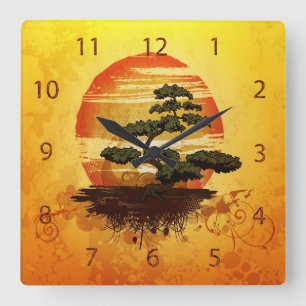 Japanese Bonsai Tree Sunset Square Wall Clock