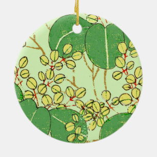Japanese Botanical Green Leaf Woodblock Print Ceramic Ornament