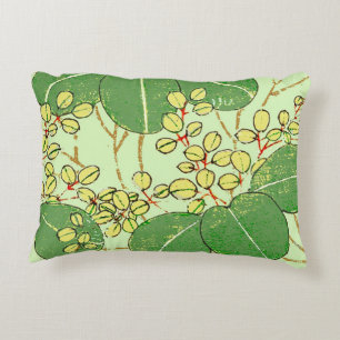 Japanese Botanical Green Leaf Woodblock Print Decorative Cushion