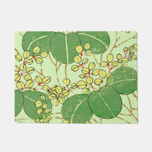 Japanese Botanical Green Leaf Woodblock Print Doormat