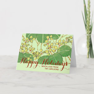 Japanese Botanical Green Leaf Woodblock Print Holiday Card