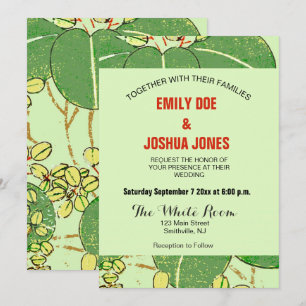 Japanese Botanical Green Leaf Woodblock Print Invitation