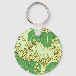 Japanese Botanical Green Leaf Woodblock Print Key Ring