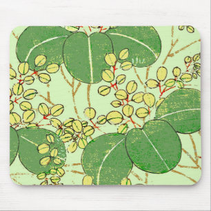Japanese Botanical Green Leaf Woodblock Print Mouse Pad