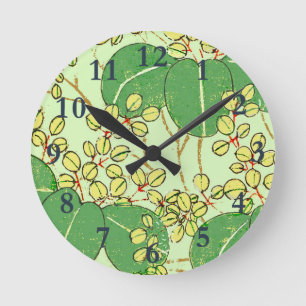 Japanese Botanical Green Leaf Woodblock Print Round Clock