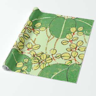 Japanese Botanical Green Leaf Woodblock Print Wrapping Paper