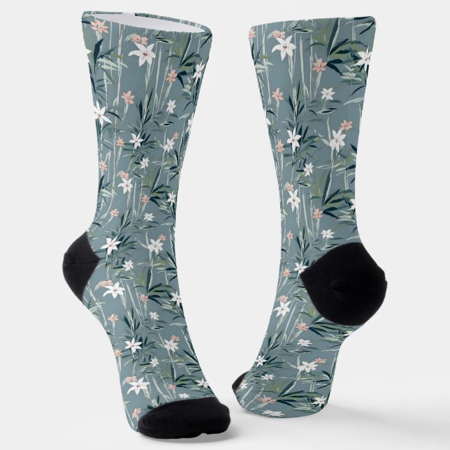 Japanese botanical zen flowers pattern socks (Angled)
