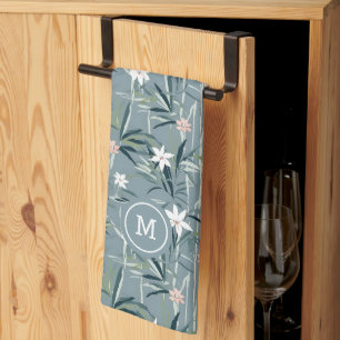 Japanese botanical zen flowers pattern tea towel