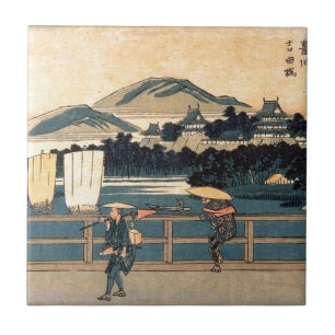 Japanese Bridge Crossing Vintage Woodblock Art Tile