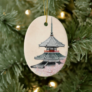 Japanese Buddhist Temple Cherry Blossoms Christmas Ceramic Ornament