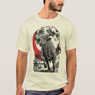 Japanese Bull Art Red Moon Artwork Asian Wall T-Shirt
