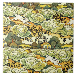 Japanese Bunnies in a Cabbage Garden Ceramic Tile